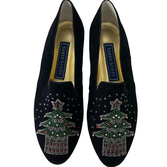 Vintage Karen Scott Black Velvet Christmas Tree Flats Beaded Size 8B Holiday - Picture 1 of 12